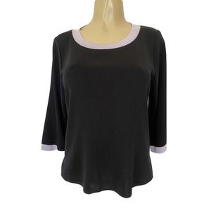 Exclusively Misook Top Blouse Knit 3/4 Sleeve Black Purple Lavender Trim…